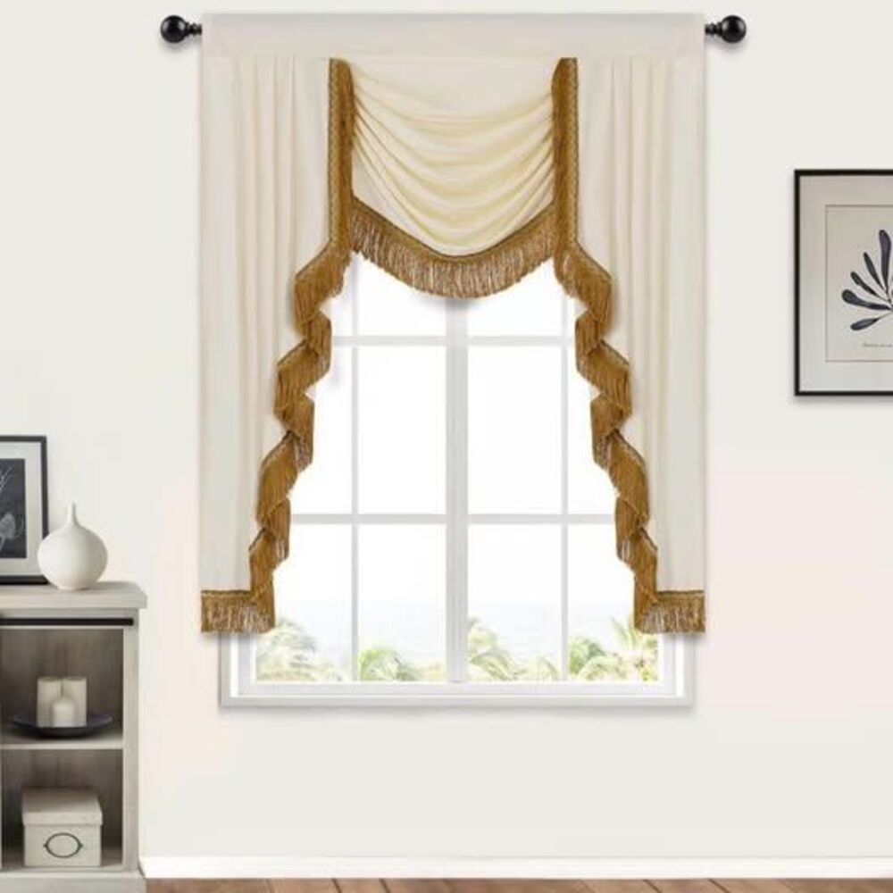 One Napearl Cream Curtain with Gold Fringe 41 inches wide, 49 inches long.